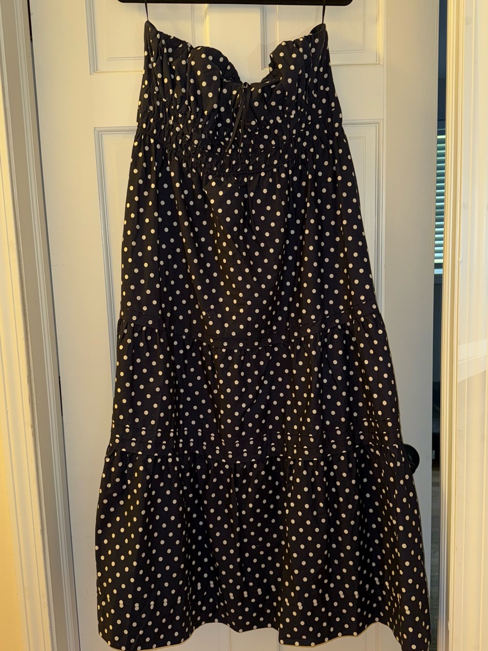 Anthropologie Navy Strapless Polka Dot Maxi Dress